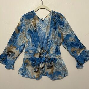Christopher & Banks Blue Paisley Floral Bell Sleeve Tie‎ Waist Blouse XL